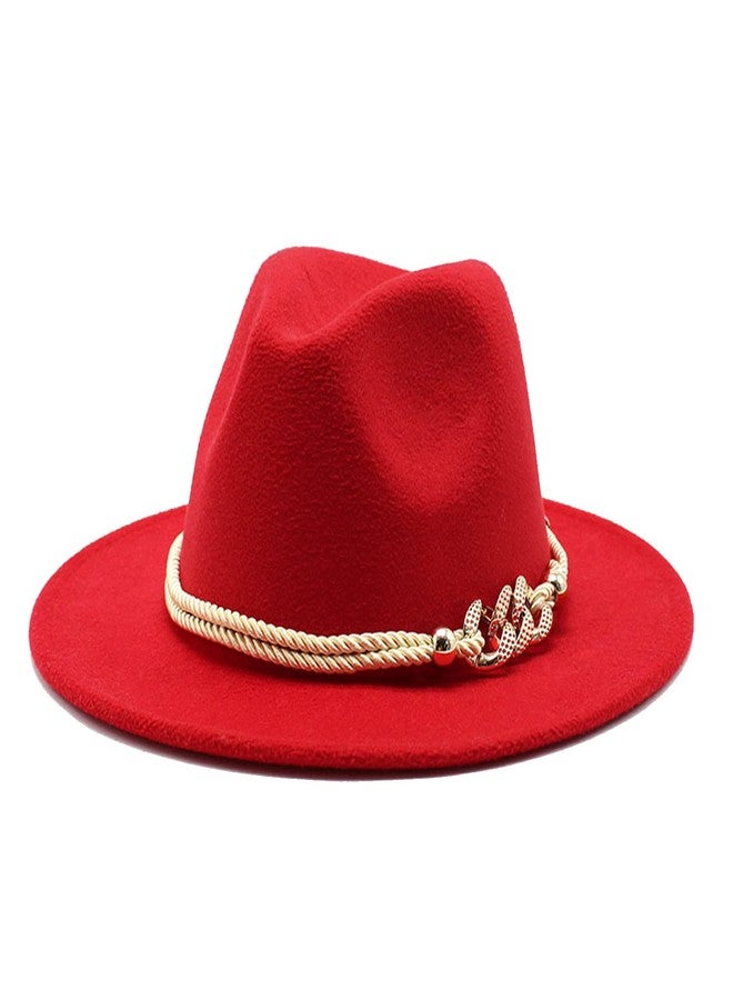 Gossifan Lady Fashion Wide Brim Felt Fedora Panama Hat with Ring Belt Red - Image 1